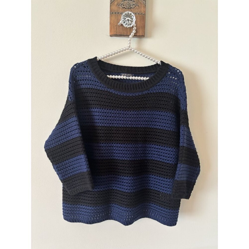 Brooks Brothers Womens Size Medium Wool Sweater Black Blue Stripe 3/4 Sleeve